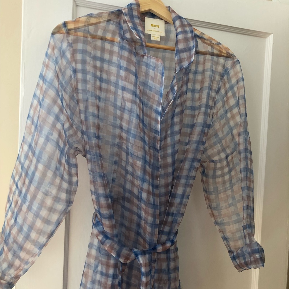 Anthropologie Sheer Plaid Wrap Tunic in Blue and Beige - Picture 6 of 8